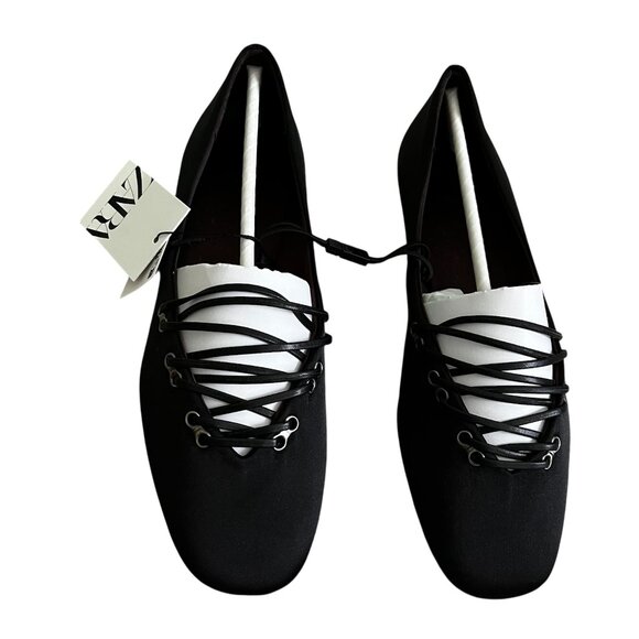 ZARA Satin Effect Ballet Flats Black Size 8 Crisscross Lace-Up Chic Trendy - Picture 3 of 9